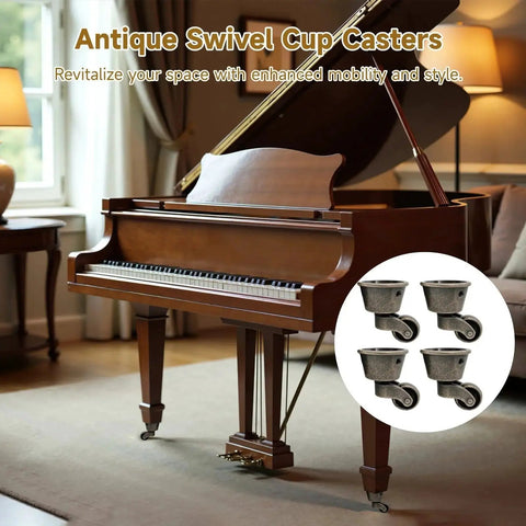 Set Of Four Antique Swivel Cup Casters With Zinc Alloy Construction Universal Round Wheels installed on piano, living room