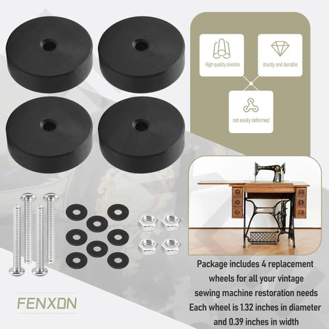 4 Pack Replacement Wheels For Antique Treadle Sewing Machines, 1.32 Inch Diameter And 0.39 Inch Width, image with screws and washers