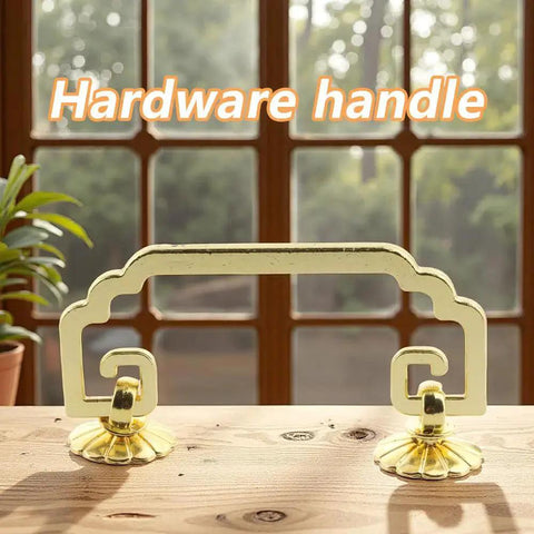 Two Piece Vintage Square Bail Cabinet Pull Hardware Set for Jewelry Box and Furniture on wooden table.