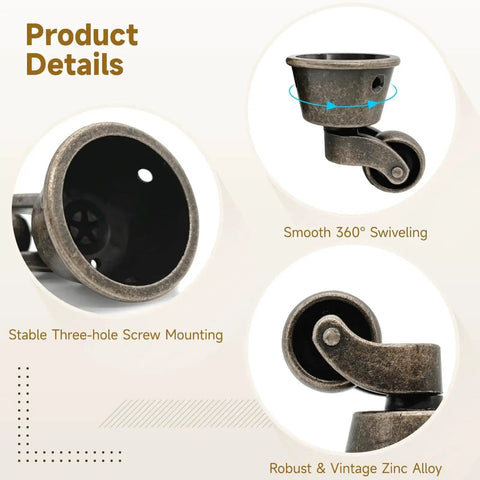 Set Of Four Antique Swivel Cup Casters With Zinc Alloy Construction Universal Round Wheels For Sofas Tables Chairs Cabinets 360 Degree Silent Swivel Casters With Screws Included Durable Electroplated Finish, showing product details like smooth 360° swiveling, stable three-hole screw mounting, and robust zinc alloy.