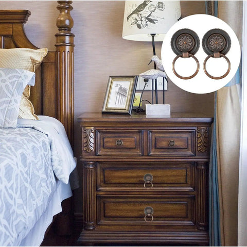 Bedroom scene with wooden nightstand featuring 6 Piece Antique Drawer Pull Ring Set With M4 X 25 Mm Screws Included for vintage decor.