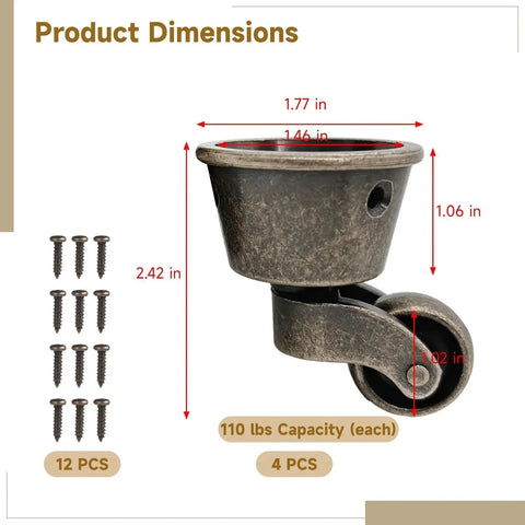 Set Of Four Antique Swivel Cup Casters With Zinc Alloy Construction Universal Round Wheels For Sofas Tables Chairs Cabinets 360 Degree Silent Swivel Casters With Screws Included Durable Electroplated Finish shown with dimensions and screws.