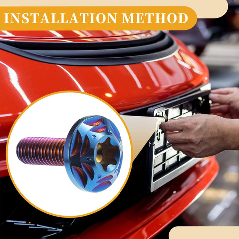 Person installing ✝️ Partuto 1 Set 1/4" M6 Universal Anti Theft License Plate Screws - Car Security Bolt Fasteners on red car