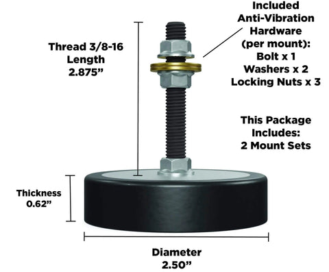 Dual-pack anti-vibration leveling mounts with Sorbothane viscoelastic polymer, 3/8-16 threads, 3 inch stud, 2.5 inch diameter, side view.