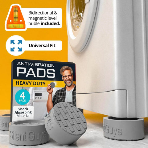 Anti-vibration pads for appliances, 4-pack, showing packaging and pads in use with a washing machine on shock-absorbing material.