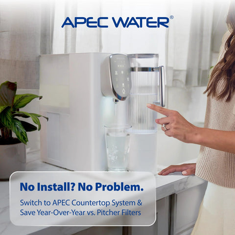 APEC Water Systems countertop RO water filter with touch panel, white housing, pouring water into a glass.
