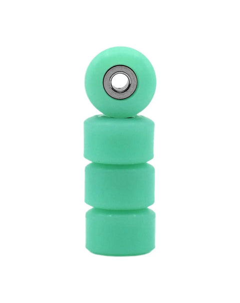 Apex 71D Urethane Fingerboard Wheels with New Street Style 7.7mm Diameter Ultra Spin Bearings, UV Neon Teal Teak Colorway