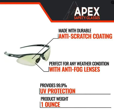 Apex Safety Glasses Anti Fog Scratch Resistant ANSI Z87 ISEA Indoor Outdoor with polycarbonate lens and rubber frame