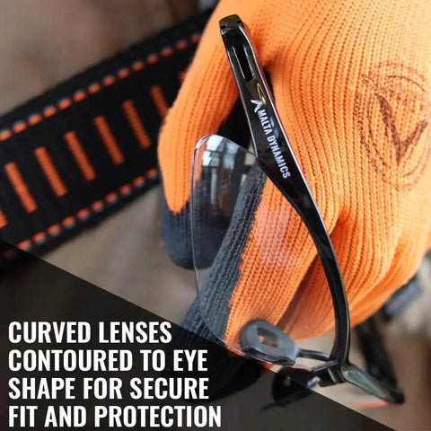 Apex Safety Glasses Anti Fog Scratch Resistant ANSI Z87 ISEA Indoor Outdoor held by gloved hand showing curved lenses