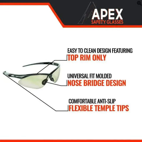 Apex Safety Glasses Anti Fog Scratch Resistant ANSI Z87 ISEA Indoor Outdoor with labeled features including nose bridge and flexible tips.