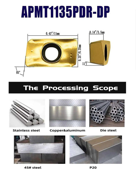 Indexable Milling Inserts APMT1135 With 90 Degree Square Shoulder For Steel Cutting Semi Finishing Includes One Half Inch Shank Tool Holder