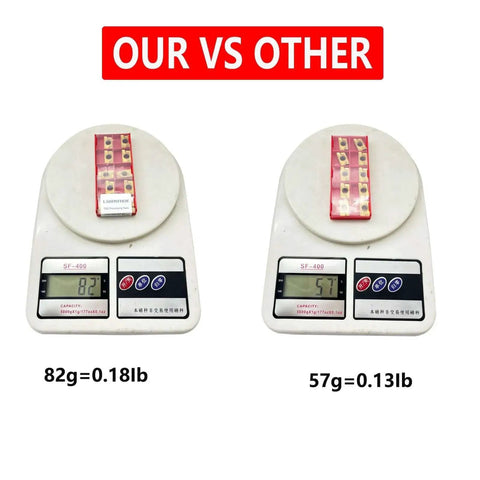 Comparison of Ten Piece APMT1604 PDER Turning Inserts Tin Coated Carbide weights on scales, 82g vs 57g.