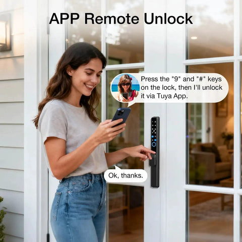 Woman using phone app to unlock sliding door with Sliding Door Smart Lock With Fingerprint And Six In One Access Pin Code RFID Card