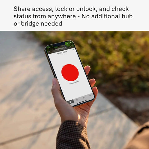 Person using smartphone app to control Assure Lock 2 Deadbolt With WiFi Keypad For Smart Home Entry Code Entry And Remote Access Keyless