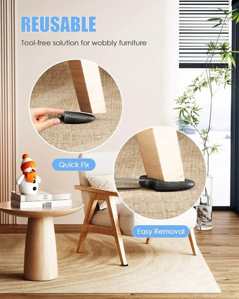 Close-up of apple shaped plastic shims under chair legs, highlighting ease of use for leveling uneven floors.