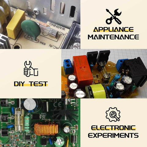 Close-up of electronic circuit boards with tools for appliance maintenance, DIY tests, and electronic experiments.