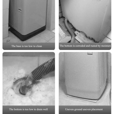 Image showing issues with a washing machine: uneven placement, rust, moisture damage, and low base maintenance challenges.