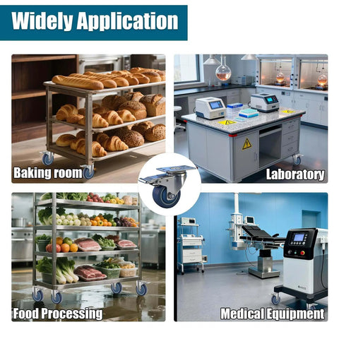 3 inch stainless steel caster wheels with total lock brake made from SUS 304, shown in baking, lab, food processing, and medical settings.