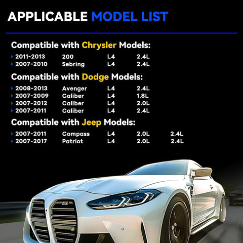 Applicable model list for Chrysler, Dodge, Jeep with images of a white car and model years.