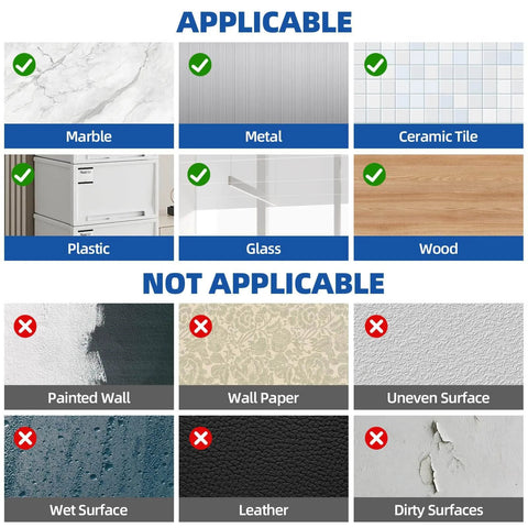 Surface compatibility chart showing applicable surfaces like marble, metal, ceramic tile, plastic, glass, wood, and non-applicable surfaces.