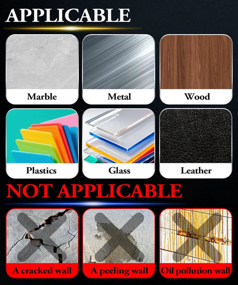 High Temperature Heavy Duty Double Sided Foam Tape For LED Strips 20 Ft By 0.5 Inch Waterproof Adhesive Super Sticky Bond For Automotive Trim Garage Home Decor Indoor And Outdoor Use, applicable surfaces shown include marble, metal, wood, plastics, glass, and leather; not applicable on cracked, peeling, or oil-stained walls.