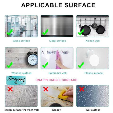 Ultra Strong Double Sided Tape For Indoors And Outdoors applicable and unapplicable surfaces guide, showing suitable and unsuitable surfaces