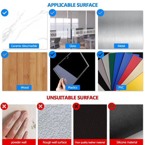 Image showing surfaces compatible with Double Sided Tape 0.5 Inch By 32.8 Feet Thin Translucent Removable Adhesive for Foam Art Nameplates.