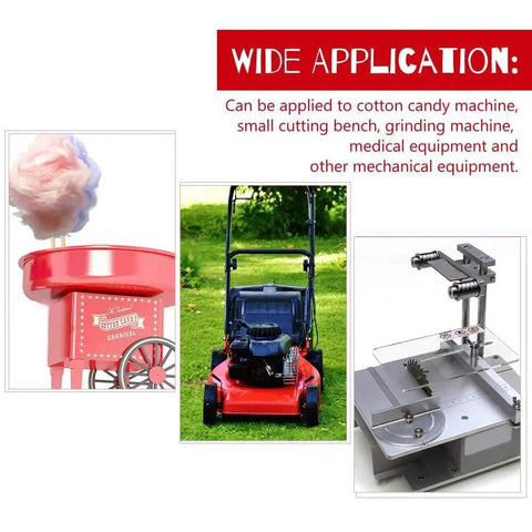 Cotton candy machine, lawnmower, and cutting bench showing applications of DC Motor 12/24V 30W High Speed CW/CCW Permanent Magnet Motor.