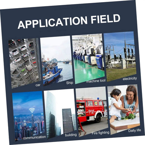 Collage showing various application fields: car, ship, machine tool, electricity, communication, building, firefighting, daily life.