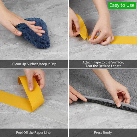 Hands using Heavy Duty Double Sided Mounting Tape 2 Inch By 66 Feet with Fiberglass Mesh on surface, showing easy peel and stick process.