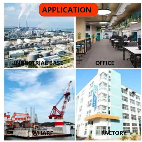 Collage showing applications: industrial base, office, wharf, factory with respective images of each environment.