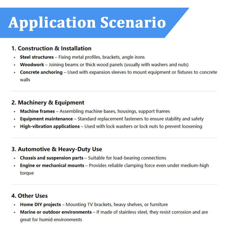 Application scenarios for construction, machinery, automotive, and other uses with detailed use cases and materials.
