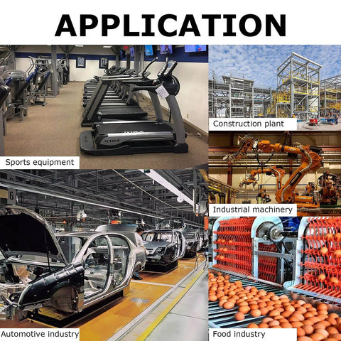 Collage of various applications including sports equipment, construction plant, industrial machinery, automotive industry, and food industry.