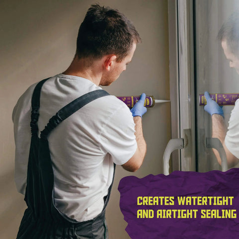 Black Silicone Sealant Caulk One Hundred Percent RTV Waterproof Flexible Sealant For Indoor Outdoor Use being applied to window