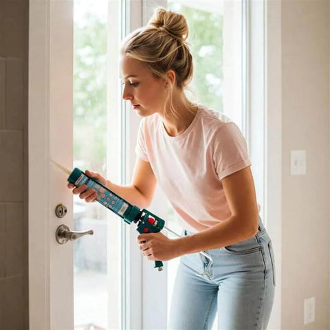 Person applying Premium 100 Percent Silicone Caulk For Windows And Doors White Weatherproof RTV Sealant For Indoor And Outdoor Use