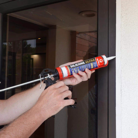 Ultra 100 Percent RTV Silicone Sealant For Exterior Weatherproofing Easy To Apply Neutral Cure Formula being applied to window frame