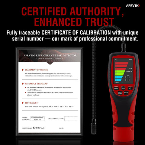 Aprvtio ALD-200 PRO refrigerant leak detector, red/black handheld unit with 2.6-inch color display and attached probe