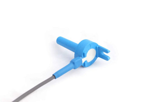 Blue pool temperature sensor probe with 2-inch pipe clamp and gray lead