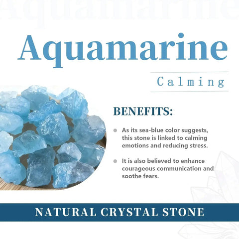 Aquamarine stones with benefits listed, including calming emotions, reducing stress, and enhancing communication.