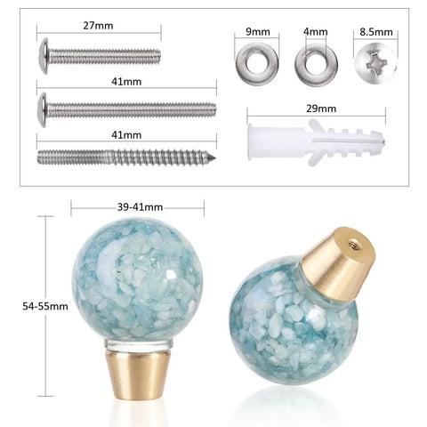 Pack of 2 Round Resin Aquamarine Drawer Knobs With Screws, Ball Shape Crystal Pulls, shown with included screws and fittings