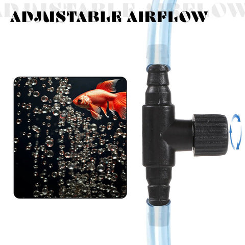 Aquarium air control valve, black plastic T-connector, adjustable, fits 3/16 in. ID tubing, 10-pack