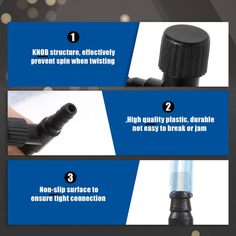 Aquarium air control valve knob, black plastic, side view showing adjustment knob
Aquarium air control valve T-connector, black plastic, close-up of outlet
Aquarium air control valve connected to tubing, black plastic, installed with non-slip grip