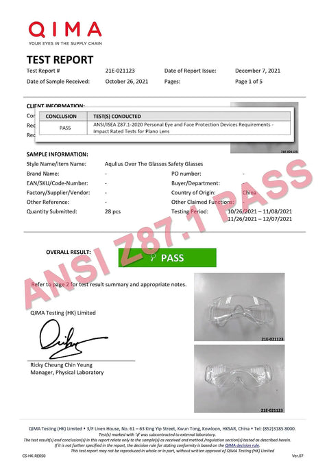 Test report for Over Eyeglasses Safety Glasses With Anti Fog Scratch Resistant Coating Pack Of 3 showing ANSI Z87.1 pass