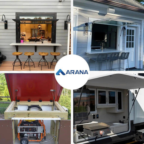 Outdoor kitchens and RV storage solutions using 10mm ball studs with hardware for gas struts and lift supports with galvanized fittings.