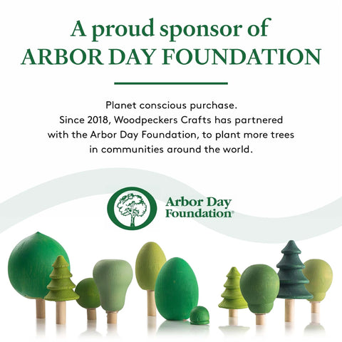 Arbor Day Foundation sponsorship announcement by Woodpeckers Crafts, featuring stylized wooden trees and environmental message.