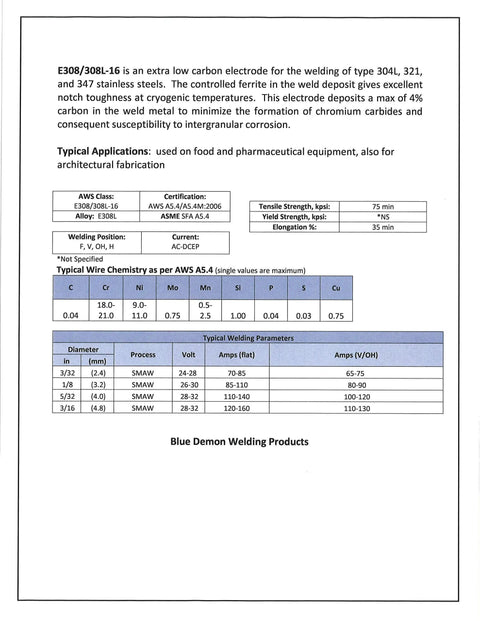 Technical specifications for Extra Low Carbon Stainless Steel Arc Welding Electrode E308L-16, detailing composition and welding parameters.