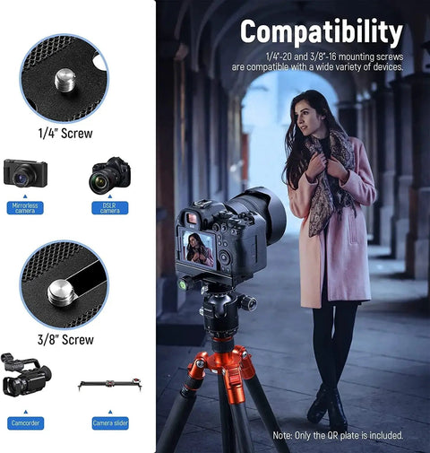 Woman in corridor with camera on Arca Swiss Compatible Quick Release Plate With Clamp Adapter Set 120mm QR Plate, tripods compatibility shown