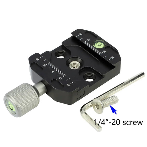 Arca Swiss Style Quick Release Clamp For Tripod Ball Heads And Monopods With Universal Quick Change Plate shown with 1/4-20 screw and bubble level