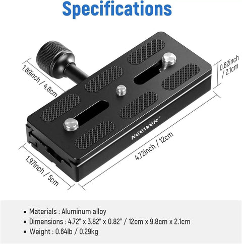 Arca Swiss Compatible Quick Release Plate With Clamp Adapter Set 120mm QR Plate for tripods in aluminum alloy with dimensions