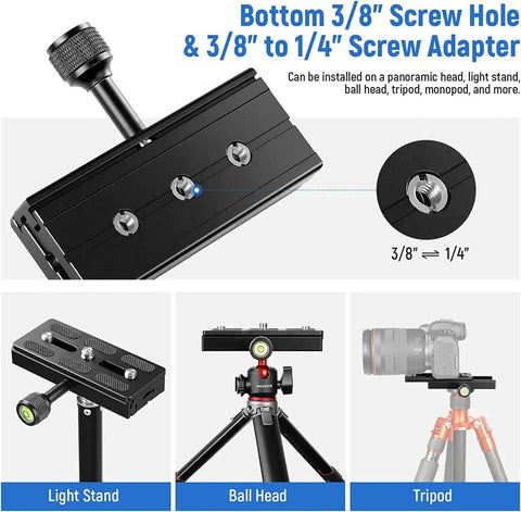 Arca Swiss Compatible Quick Release Plate With Clamp Adapter Set 120mm QR Plate with 3/8" to 1/4" screw adapter on tripods and monopods